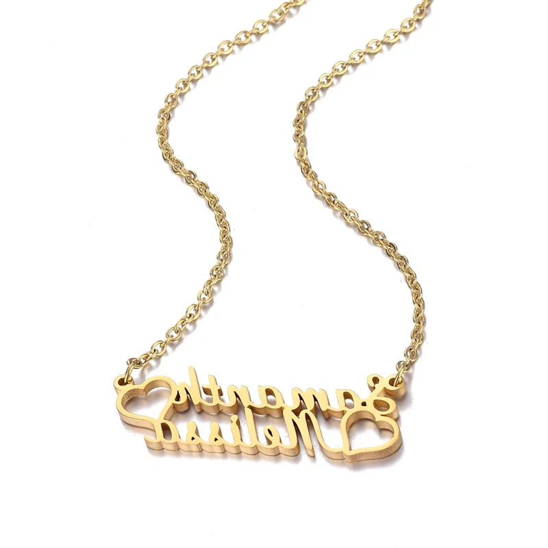 Qiuhan OEM/ODM Cursive Handwriting Double Heart 18k Gold Plated Pendant Necklace Custom Name Necklace