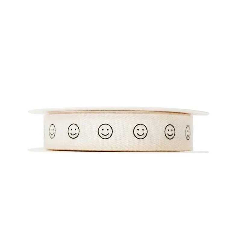 1cm/10mm Cotton Herringbone Custom Ribbon Natural Smiley Faces