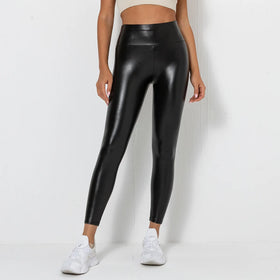 Women's High Waist Gym Tights Sexy Leather Pants with Elastic Waist Closure Solid Pattern Yoga Fitness Sports Leggings