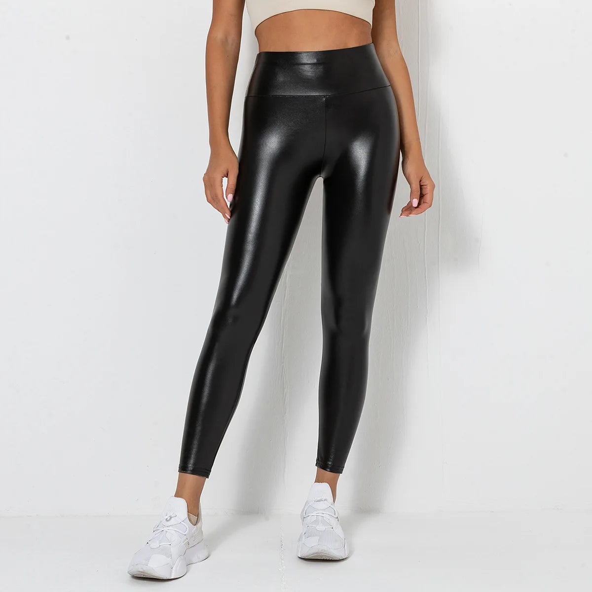 Women's High Waist Gym Tights Sexy Leather Pants with Elastic Waist Closure Solid Pattern Yoga Fitness Sports Leggings