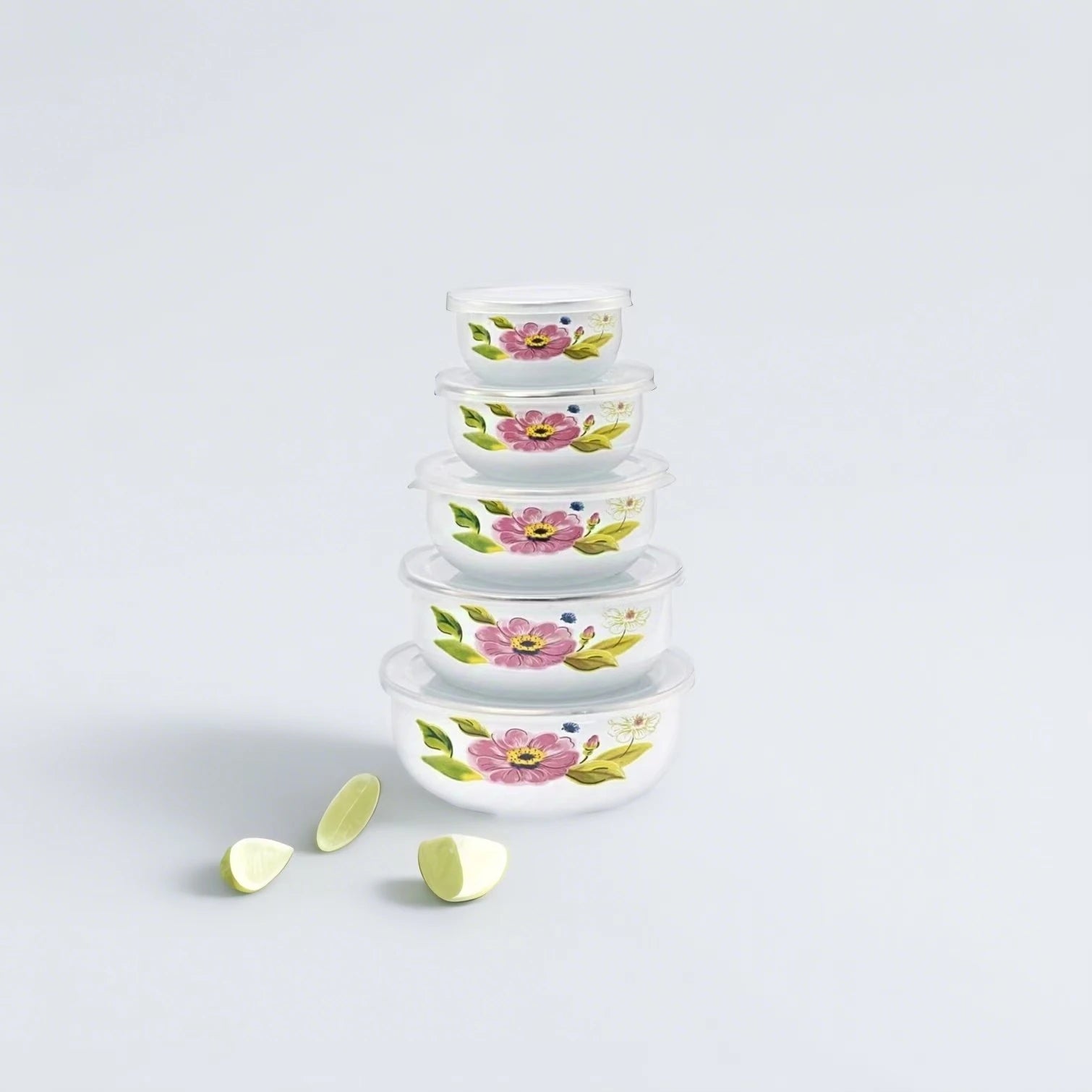 Senny Custom Low Moq Products 5pcs Enamel Storage Bowl Sets with Plastic Lid Color Customized Enamel Mixing Bowl Enamel Ice Bowl