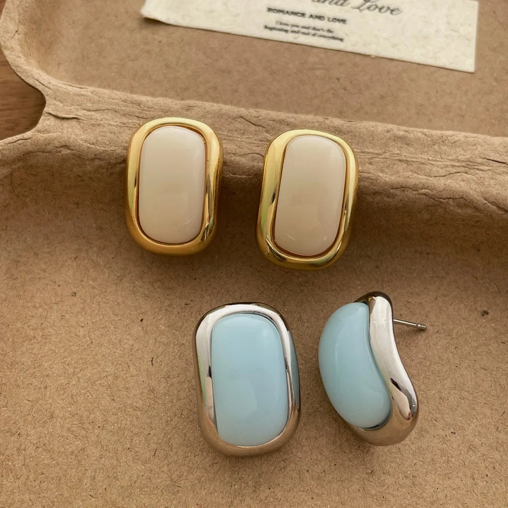 Wholesale Pastel Resin Stud Earrings Two Tone Metal Frame Oval Ear Studs Trendy Minimalist Women Jewelry