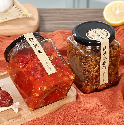 Top Selling 100ml 200ml 280ml 380ml 500ml 730ml Empty square Glass Honey Jar for Jam Food Pickle with Black Metal Tin Lid