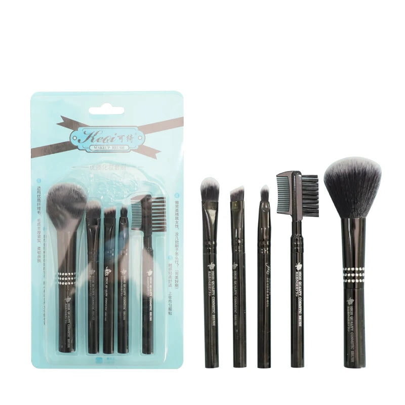 Personalized 5pcs Set Mini Portable Light Black Aluminium Tubes Lip Blush Eye Makeup Brushes Flat Foundation Packaging Included
