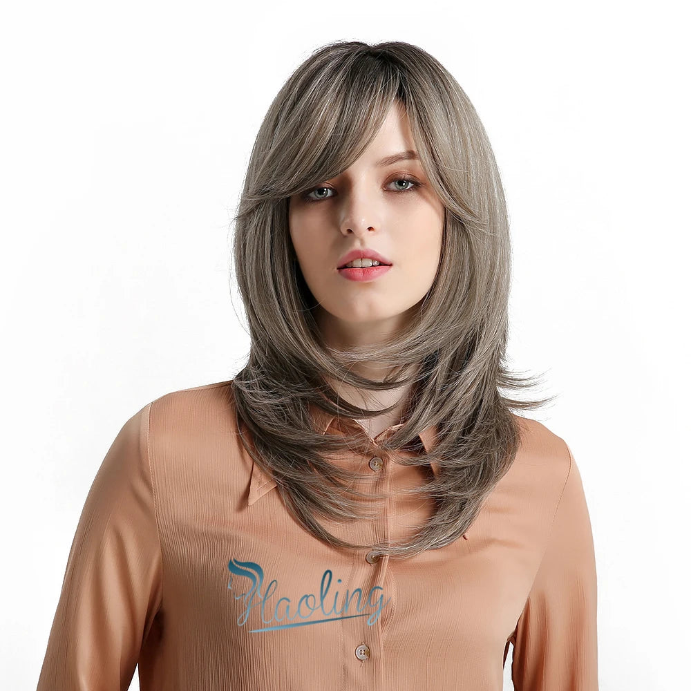 Fast Delivery  Daily Use Natural Layered Ash Grey Synthetic Hair Wigs with Bangs for Black White Women Fringe Wig