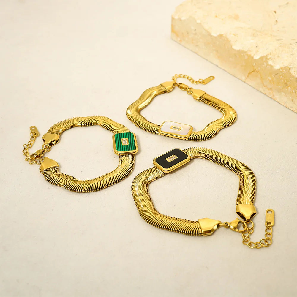 High End Waterproof Tarnish Free Chunky Snake Chain Bracelets Flat Stainless Steel Big Geometric Shell Bracelet for Women YF3609