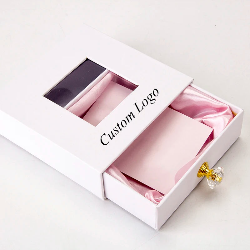 PVC Window Paper Necklace Earring Drawer Jewelry Gift Box with Crystal Handle Custom Logo Sliding  Jewellery Pendant Package Box