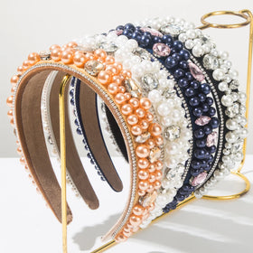 Fashion Retro Women Wide Headbands Velvet Fabric Crystal Rhinestone Pearl Headbands High-end Luxury Hairband Wholesale