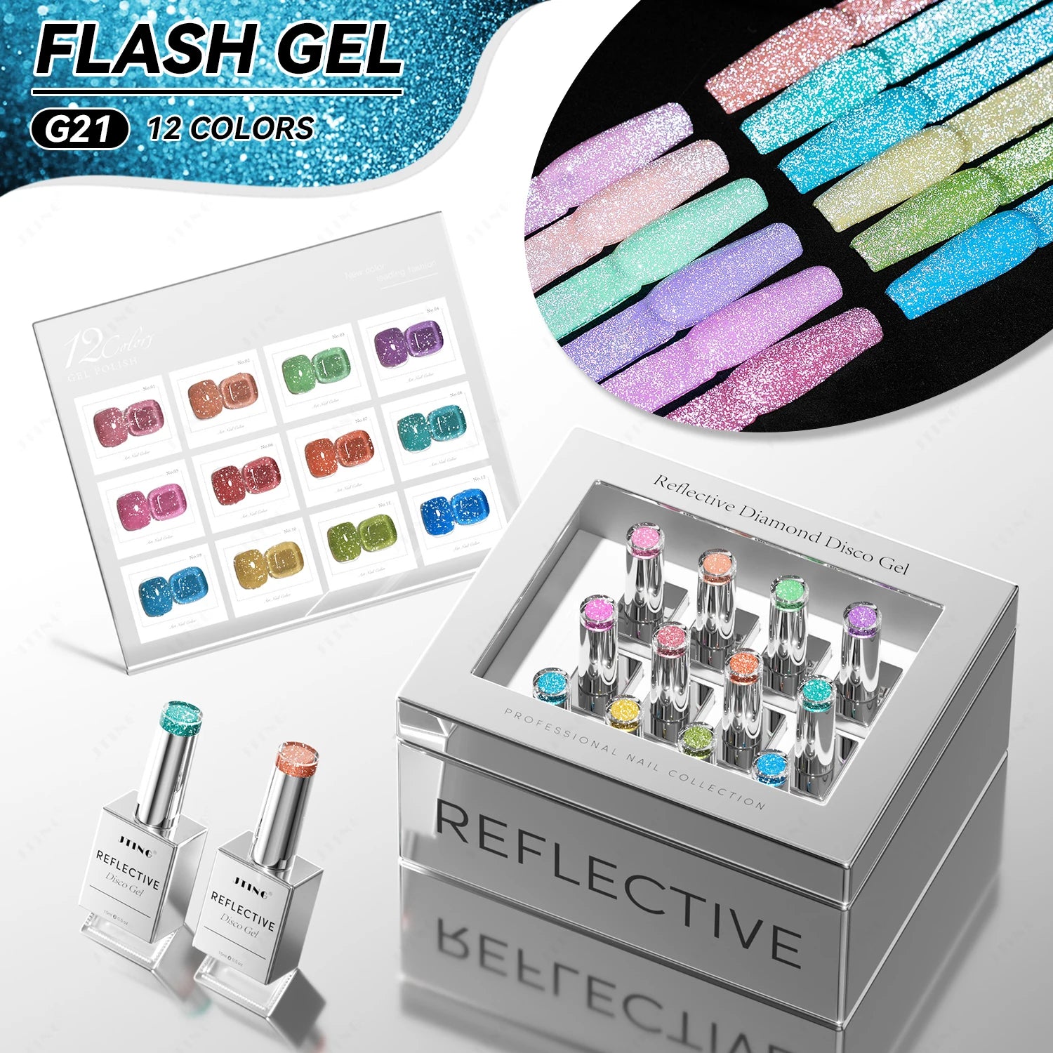 JTING Free 12pcs Laser Silver Box Brand Design 12colors Reflective Disco Gel Set Collection OEM ODM Private logo Nail Supplies