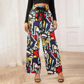 Lady Casual Beach Pant Pantalones Anchos Mujer Womens Contrast Belt Loose-Waist Printed Wide-Leg Pants