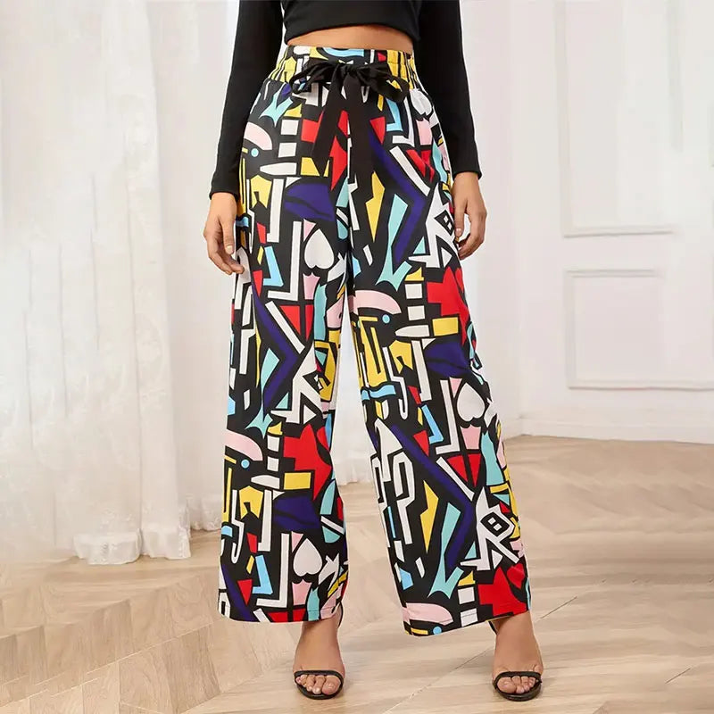 Lady Casual Beach Pant Pantalones Anchos Mujer Womens Contrast Belt Loose-Waist Printed Wide-Leg Pants