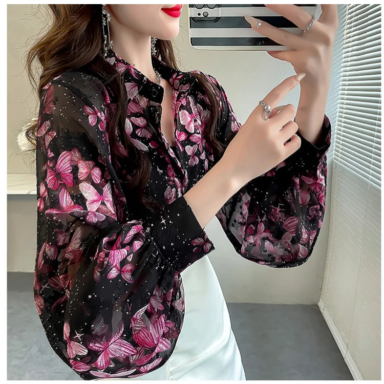 2025 Butterfly Print Chiffon Blouse Shirt Long Sleeve Women Blusas Mujer De Moda Womens Tops 6960#
