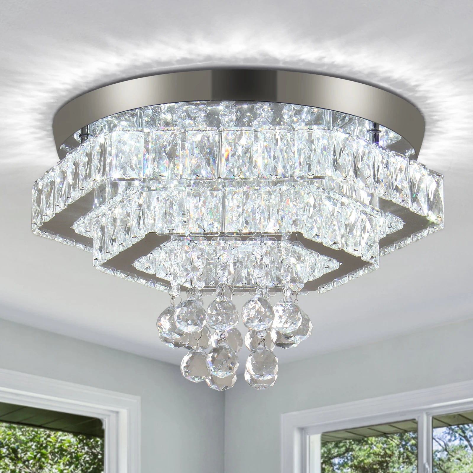 Modern K9 Crystal LED Double Layer Ceiling Light Chandelier Stylish Pendant Lighting for Bedroom Living Room Kitchen Hallway