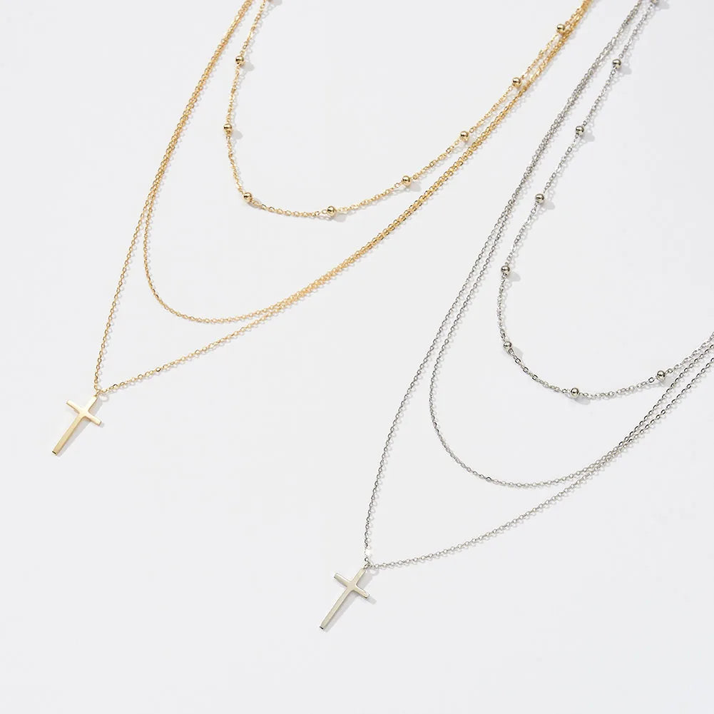 Jiangyuan Fashion 14K Gold Plated 925 Sterling Silver Cross Necklace Trendy Multi-Layer Chain Pendant for Women for Weddings