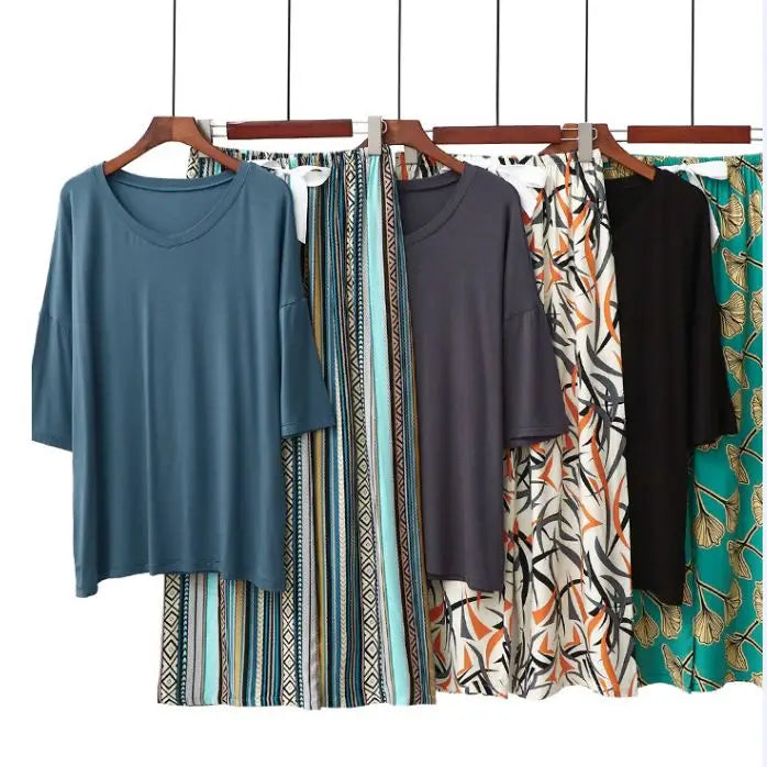 Two-Set Floral Print Modal Pajamas Breathable Loose Short Sleeve Round Neck Ninth Pants Soft Sleepwear for Summer