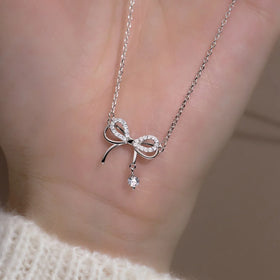 Luxury Cubic Zirconia Bow Knot Pendant 925 Sterling Silver Necklaces Women Fashion Jewelry Necklace