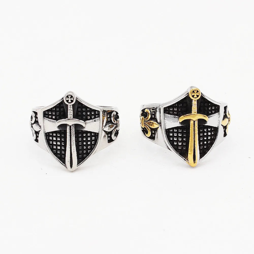 Vintage Punk Jewelry Stainless Steel Christian Shield  Cross Ring for Men