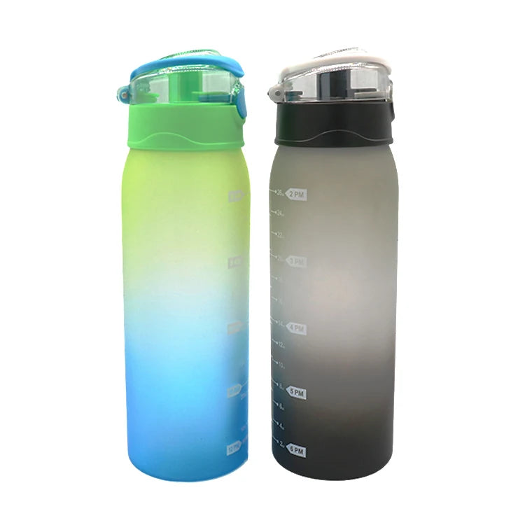 900ml Leakproof Direct Drinking Eco-Friendly Gradient Aesthetic Plastic Sports Water Bottle with Time Marker and Lid for Travel
