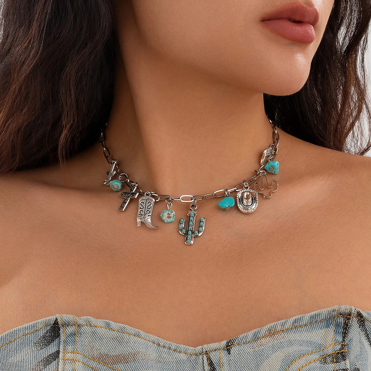 Vintage Western Style Turquoise Choker Cowgirl Boot Hat Pendant Metal Link Chain Necklace for Woman