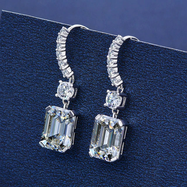 925 Sterling Silver Rhodium Plated Cubic Zirconia 8x11mm Emerald Cut Classic Dangle Charm Earrings Gifts for Women