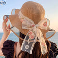 Summer Women Straw Hat With Lace Bow Flower Ribbon Curved Brim Sun Hats Sunshade Seaside Beach Hat Holiday