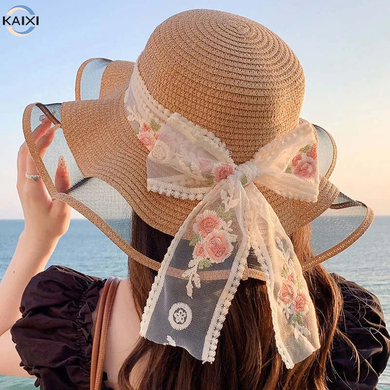 Summer Women Straw Hat With Lace Bow Flower Ribbon Curved Brim Sun Hats Sunshade Seaside Beach Hat Holiday