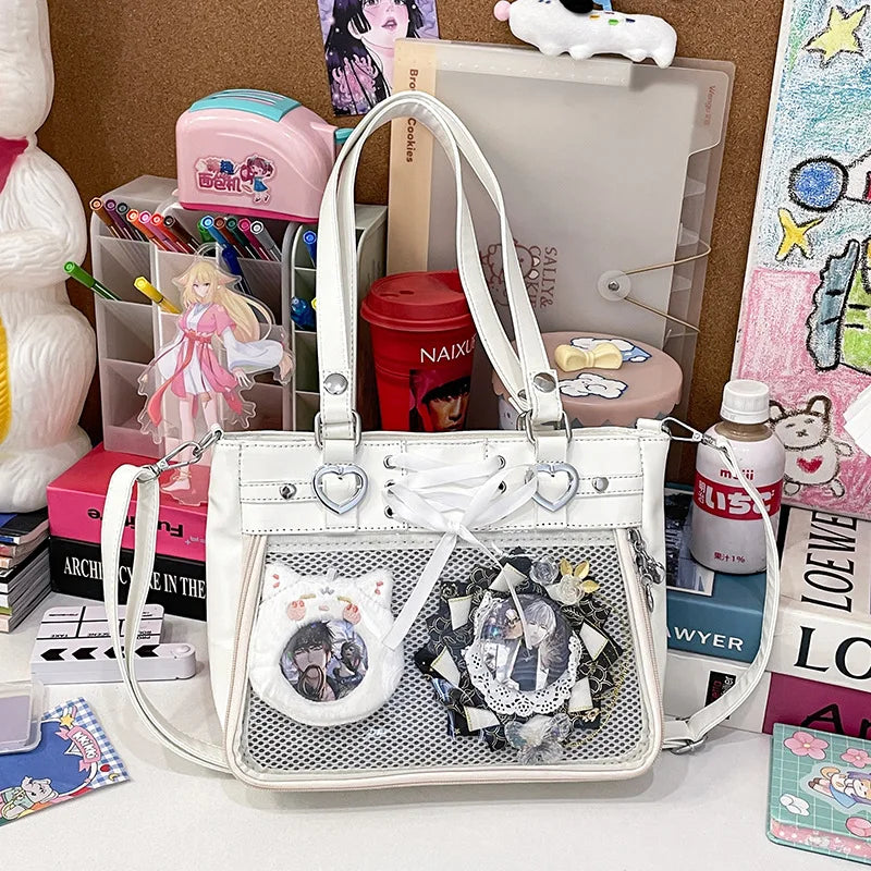 Transparent Window Otaku Tote Bag PU Crossbody Bag with Clear Display Window for Pins and Badges
