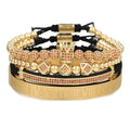C048 Wholesale Bracelets Mens Luxury 4pcs Set Gold Crown Beaded Bangle Set Numbers Engraved Cz Crown Braided Macrame Bracelets