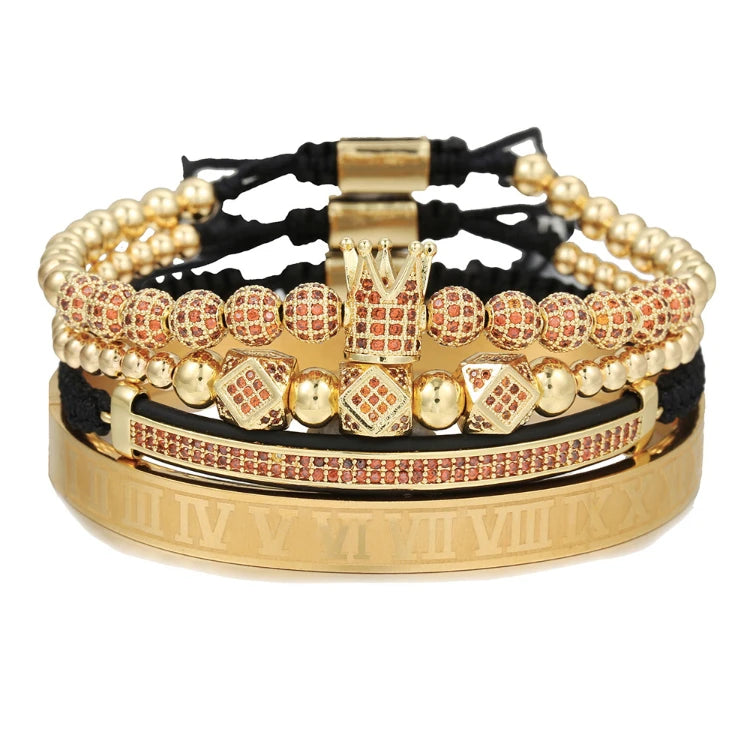C048 Wholesale Bracelets Mens Luxury 4pcs Set Gold Crown Beaded Bangle Set Numbers Engraved Cz Crown Braided Macrame Bracelets