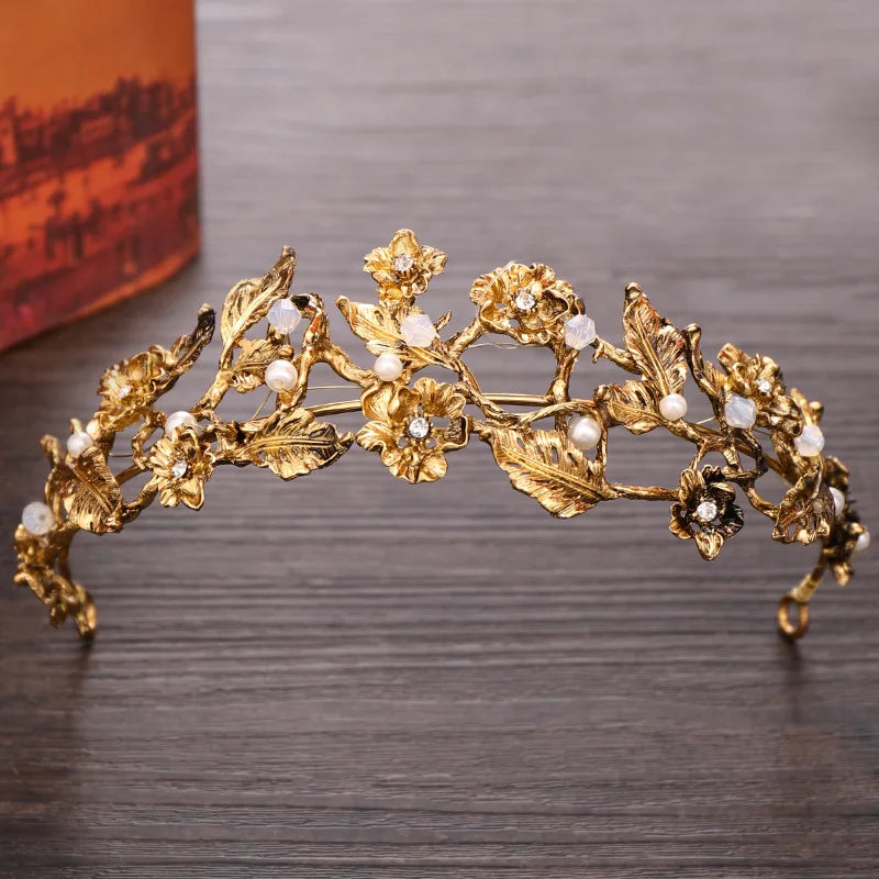 Vintage Baroque Gold Pearl Leaf Bridal Tiara Crystal Crown Hairband Headpiece Vine Tiara Wedding Hair Accessories Bride Headband