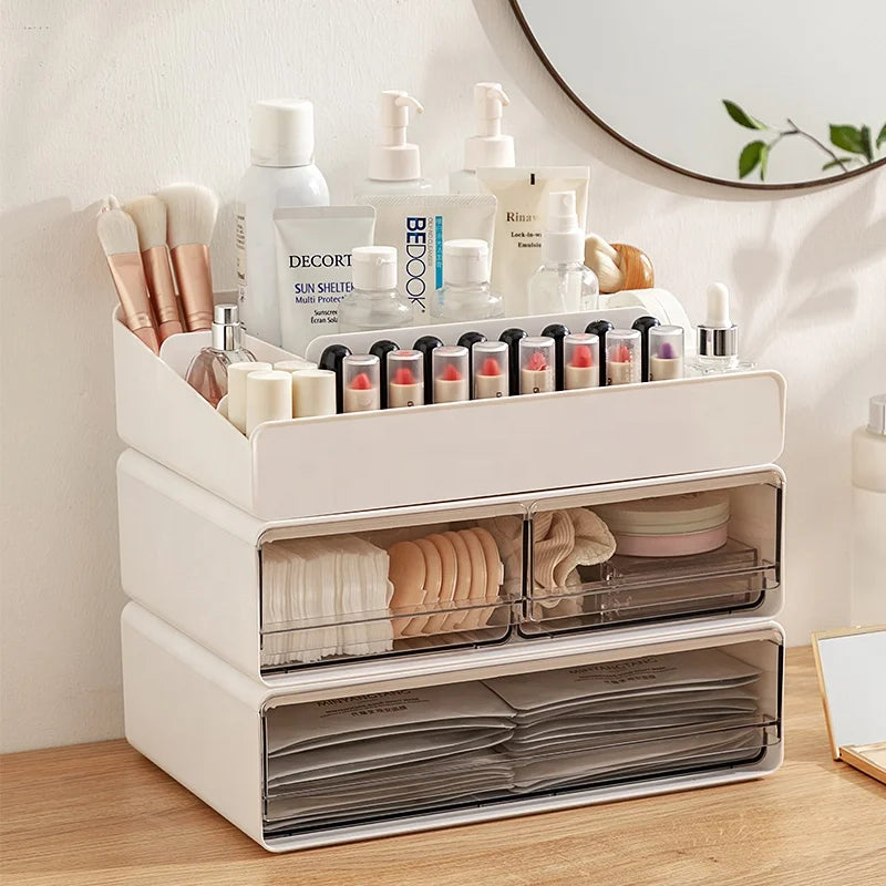 Plastic Stackable Desktop Cosmetic Organizer Makeup Storage Box with Drawer Lipsticks Holder Home Accessories