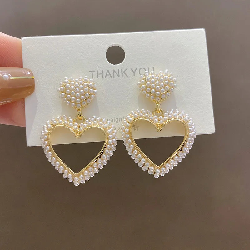 New Trendy Gold Plated Heart Shaped Earrings Jewelry Korean Style Geometric Heart Pearl Earrings for Women