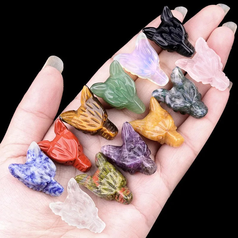 Carved Mini Cute Amethyst Rose Quartz Natural Gem Stone Agate Wolf Head Crystal Crafts Animal Ornament