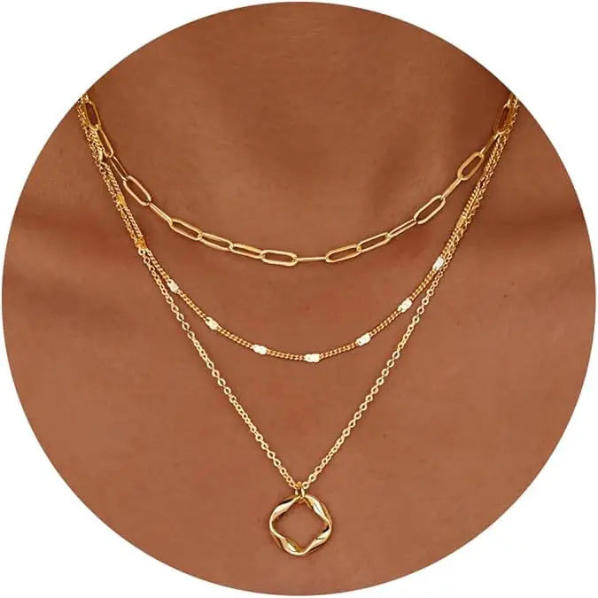 JOYFFO Women's Layered Gold Necklaces Stackable Dainty 14K Gold Silver Choker Pendant Trendy Circle Paperclip Chain Fashion