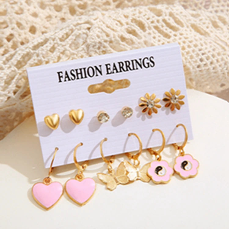 XYI-137 Earring Packaging 6 Pairs Women Yin Yang Butterfly Alloy Tai Ji Flower Heart Earrings Set