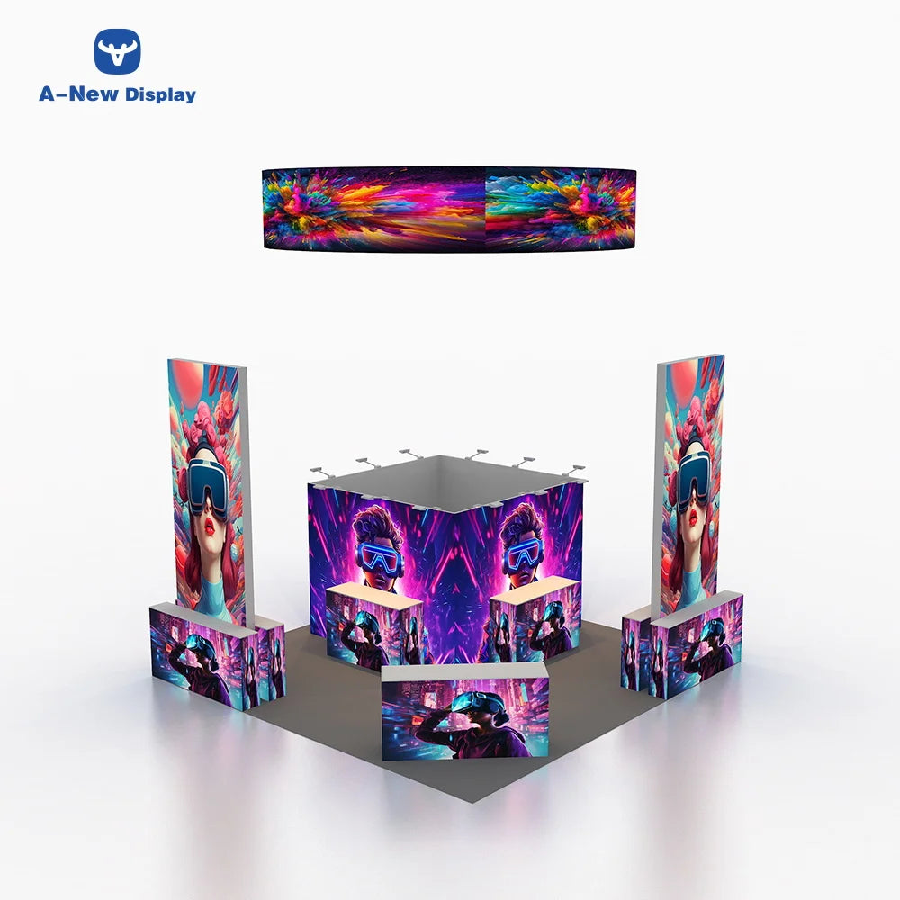 20x20 Standard Portable Modular Tension Clothing Fabric Tradeshow Display Exhibition Trade Show Booth With Shelves Portable Show