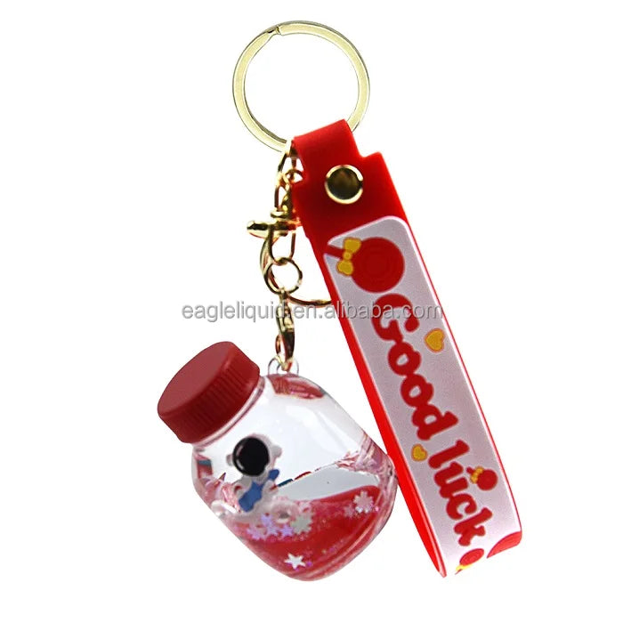 Cute 3D Figurine Soda Bottle Shaped Oil Floating Keychain Quicksand Acrylic Keychain Fruit Liquid Keychain for Bag Pendant