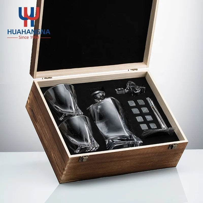 HUAHANGNA Unique Wholesale 750ml Twisted Liquor Crystal Glass Whiskey Decanter and Stone Gift Set with Wooden Box for Whisky