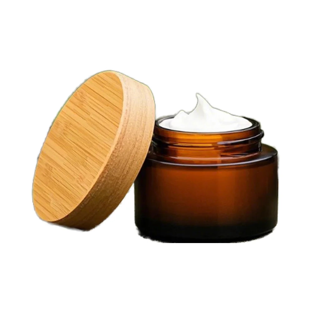 Custom 30g Matte Frosted Amber Glass Jars with Bamboo Wood Lids and Plastic Screw Cap for Skin Care Cosmetic Use
