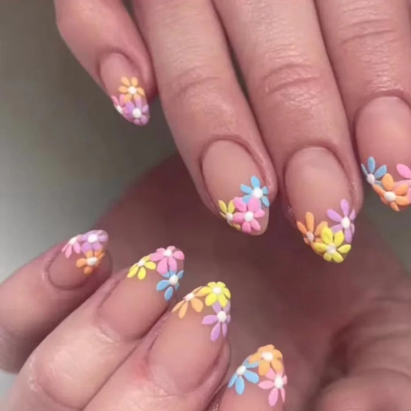 Wholesale Temooi Almond Color French Style ABS False Nails 24Pcs Nail Glue Stiletto Flower Printing Press Nails for Finger