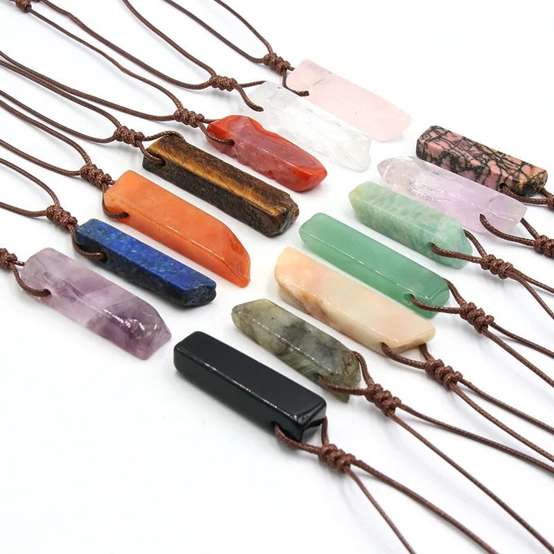 Hand Made Natural Rose Quartz Irregular Rectangle Healing Raw Rock Stone Amethyst Crystal Pendant Necklace
