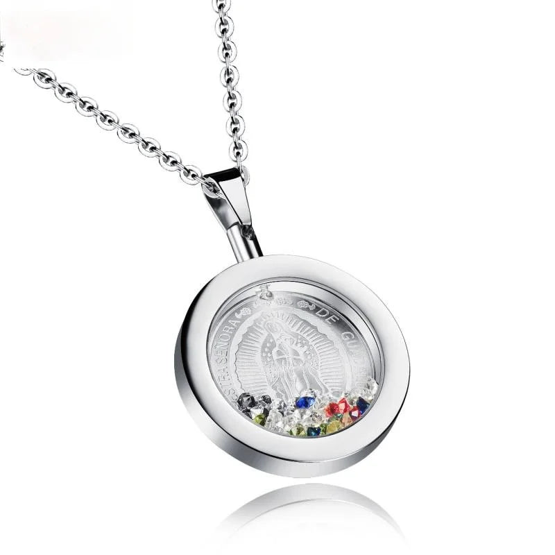 Unisex Religious Jewelry Delicate Locket Necklace Thin Chain Colorful Zircon Pendant Necklace Our Lady of Guadalupe Goddess