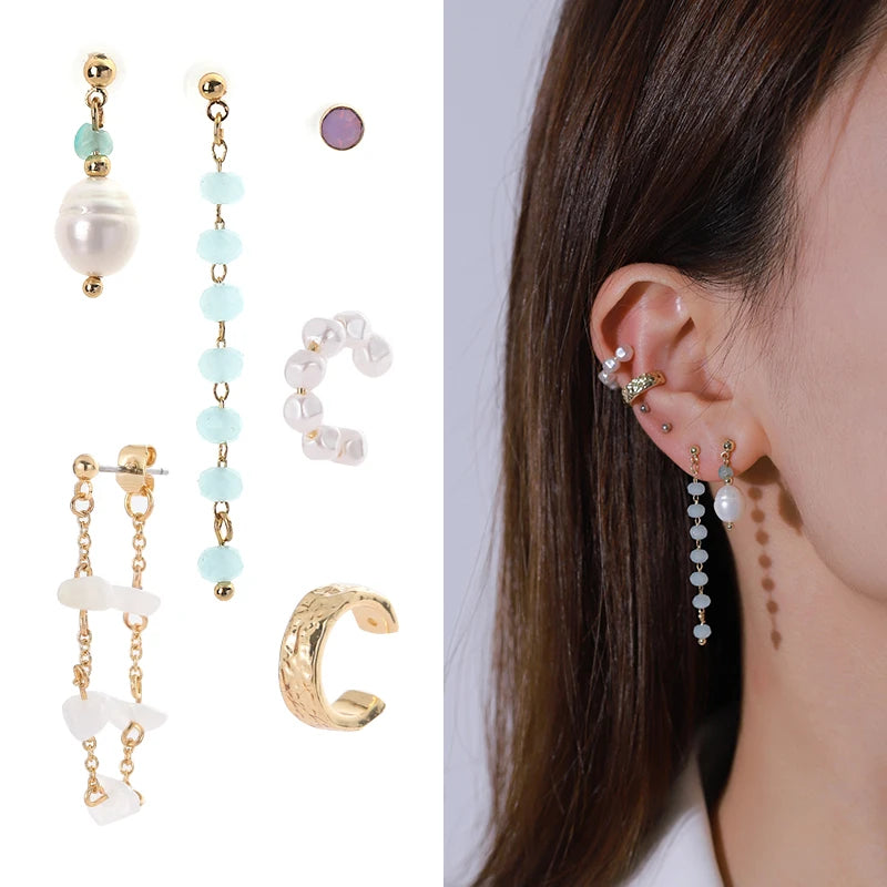 Bulk Wholesale Women Unique Design Jewelry Handmade 6 Pairs Earring Set Beaded Ear Cuff Earring Pearl Stone Earrings