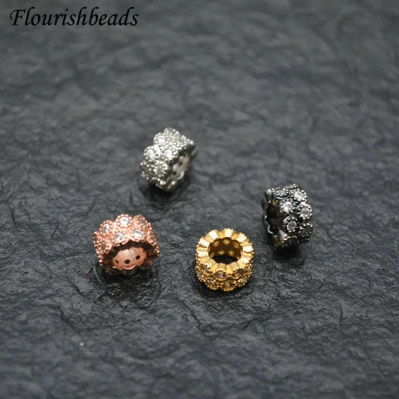 Silver Gold Plated CZ Paved Round Circle Shape  Big Hole Loose Beads Accessories Spacer  for Jewelry