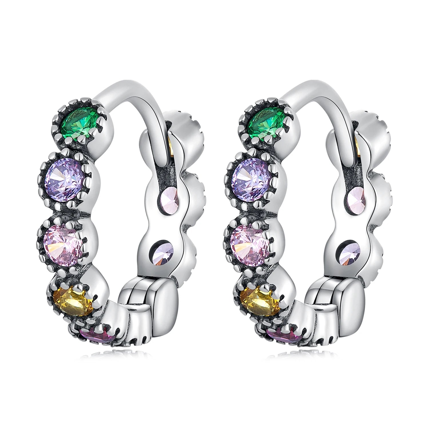 925 Sterling Silver Rainbow Round Zircon Crystal Hoop Earrings for Women Retro Drop Ear Studs Fashion Jewelry Earrings SCE1494