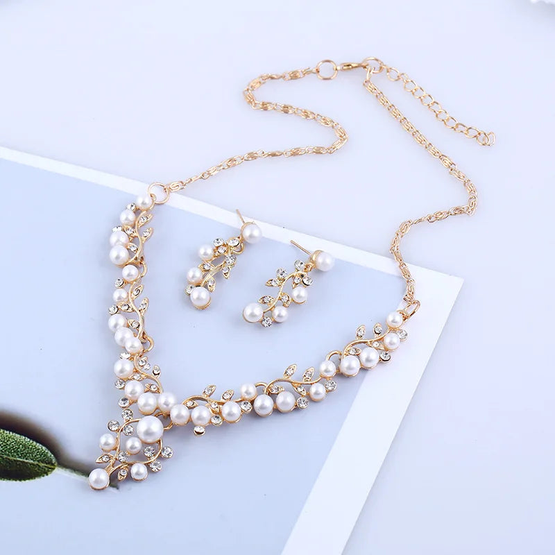 Bridal Bracelet Leaf Pearl Necklace Earrings Wedding Dress Two Piece Set Pearl Leaf Set