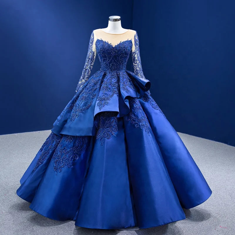 Jancember 222104 Vintage Blue Long Sleeve Illusion Bridal Gowns Evening Dress