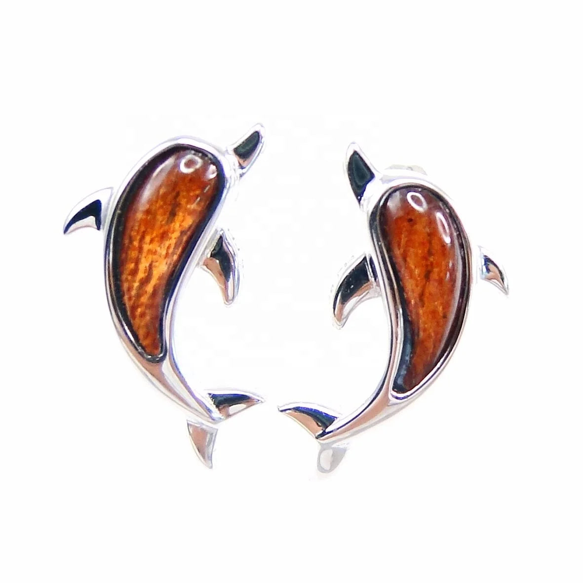 925 Sterling Silver Hawaiian Jewelry Koa Wood Solid Silver Dolphin Earring