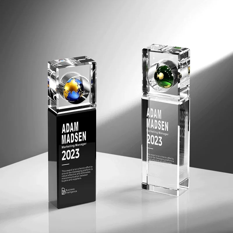 2025 New Design Black and clear Crystal Trophy with Blue Geen Globe MH-J0486