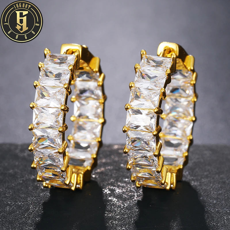 Drop Shipping Brass Baguette CZ Diamond Earring Hypoallergenic Jewelry Large Iced Out Hoop Earrings for Men Women